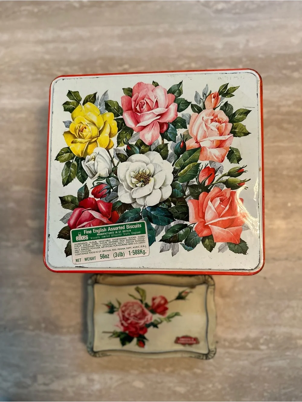 Vintage Floral Chocolate Tins  Set of 2 - Rose Motif, White & Red